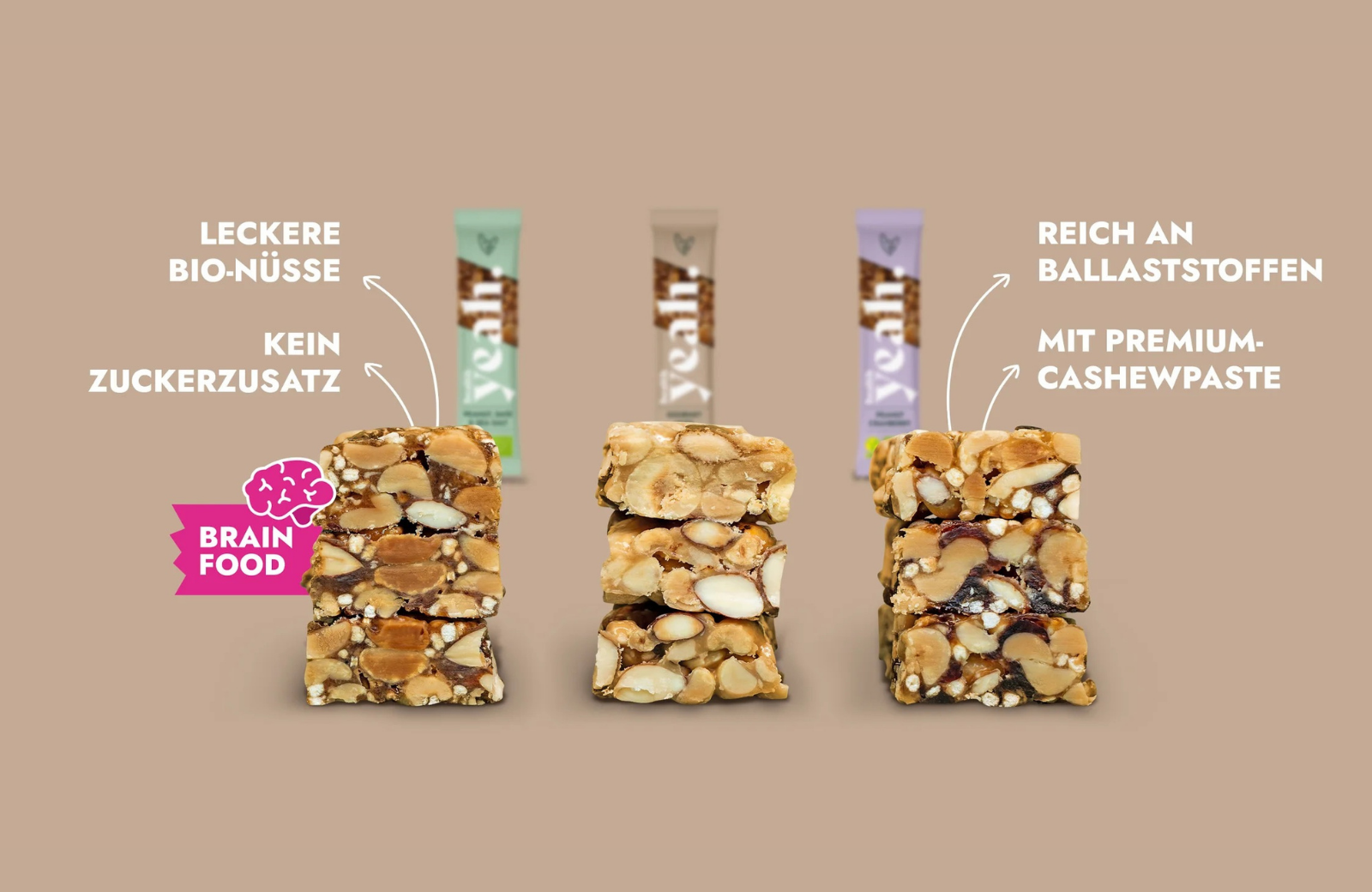 Health Yeah bars highlighting organic nuts, no added sugar, and fiber